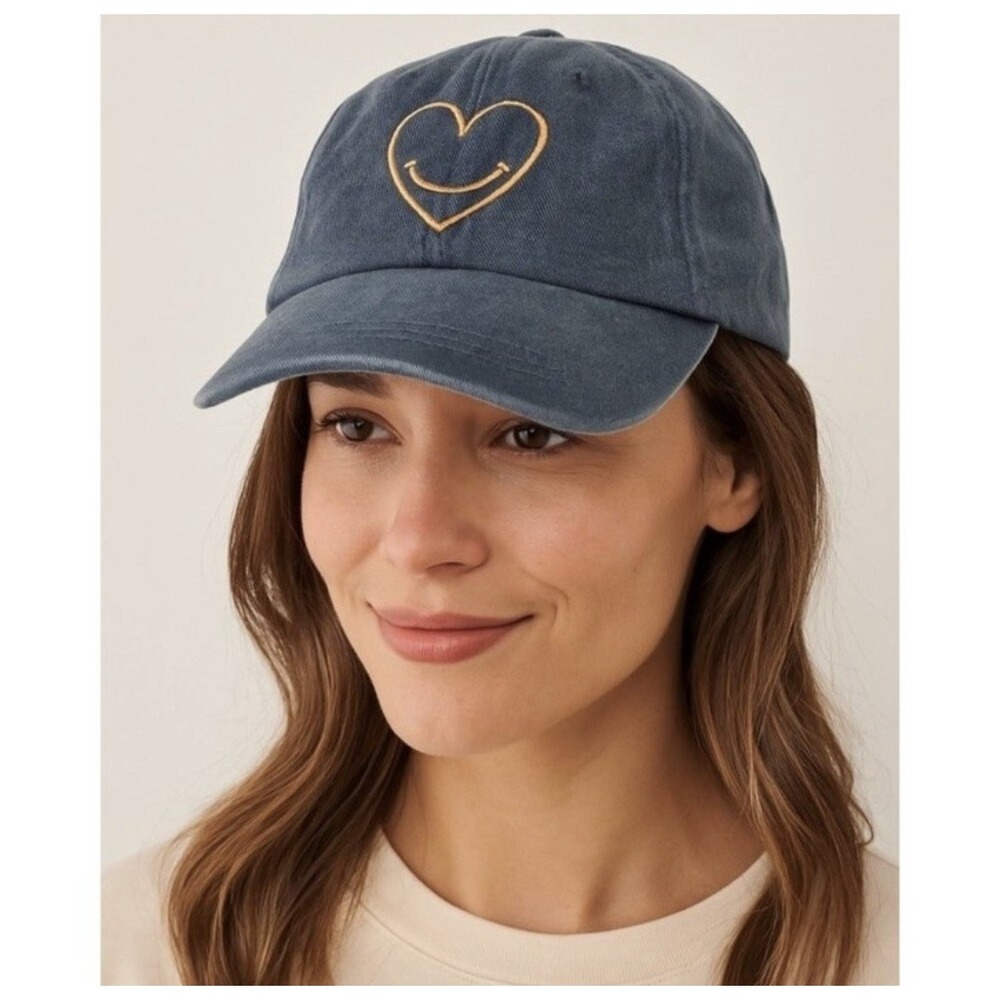 Cinq à Sept Embroidered Denim Hat Blue Womens One Size Heart Smiley Face Dad Cap
